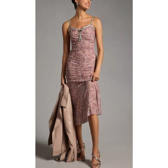 Anthropologie S Dress Mesh Ruched Midi Mauve Strappy Semi Sheer NEW - Picture 1 of 11